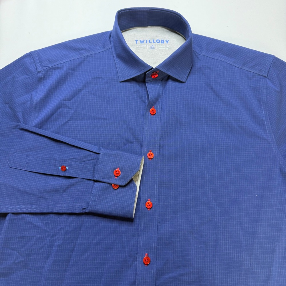 Twillory Performance Fabric Dress Shirt Mens 16 32-33 Blue Trim Fit Red Buttons
